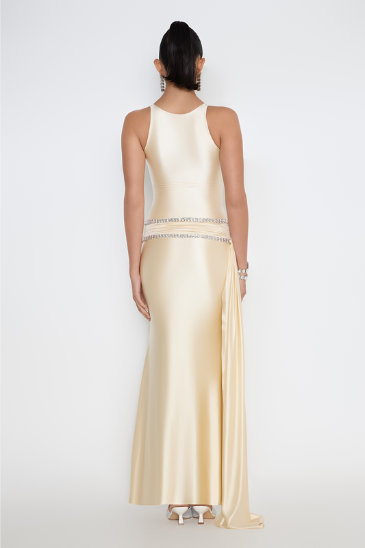 Model in Sydney gown with crystal waist and drape