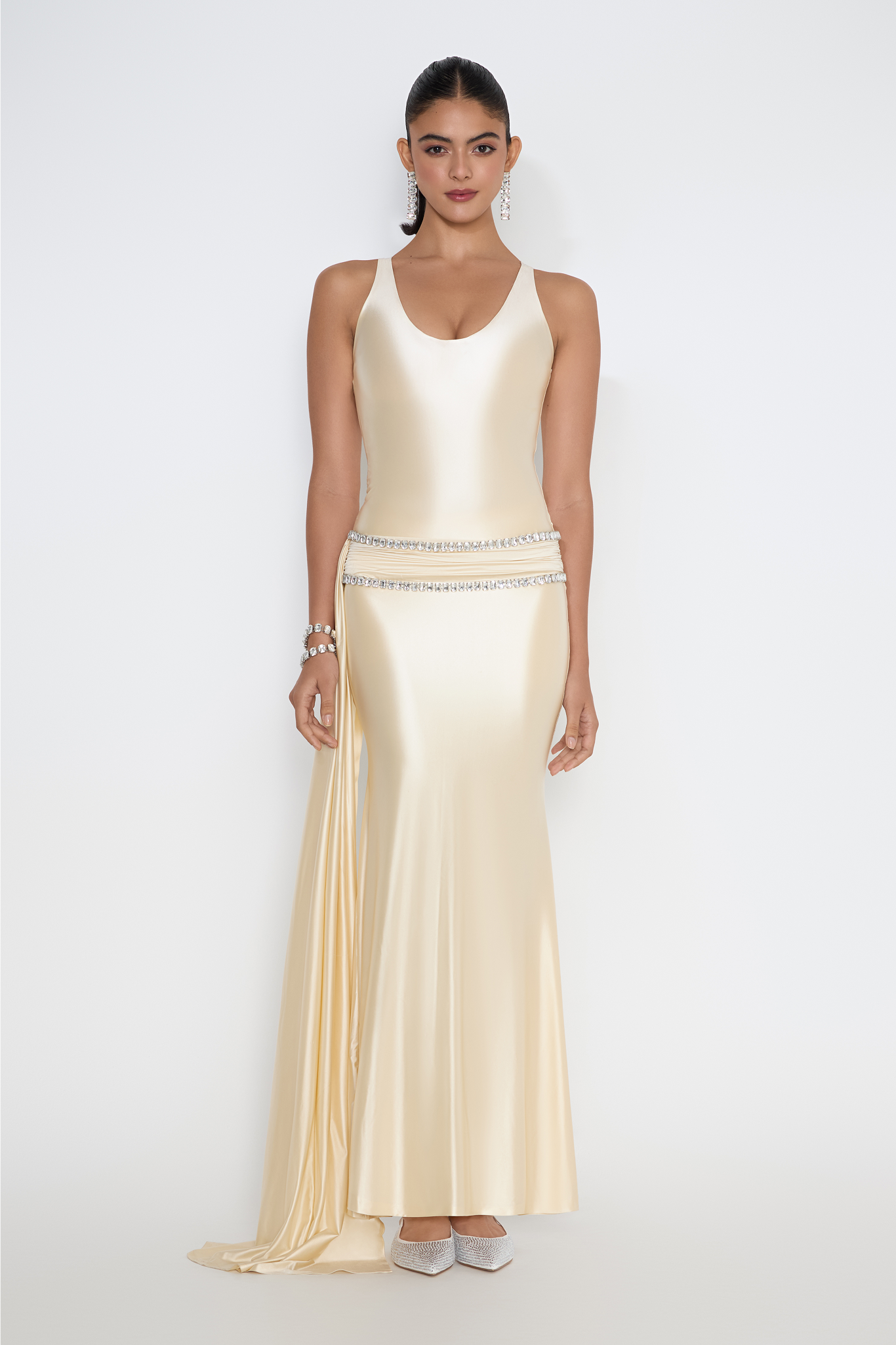 Model in Sydney gown with crystal waist and drape