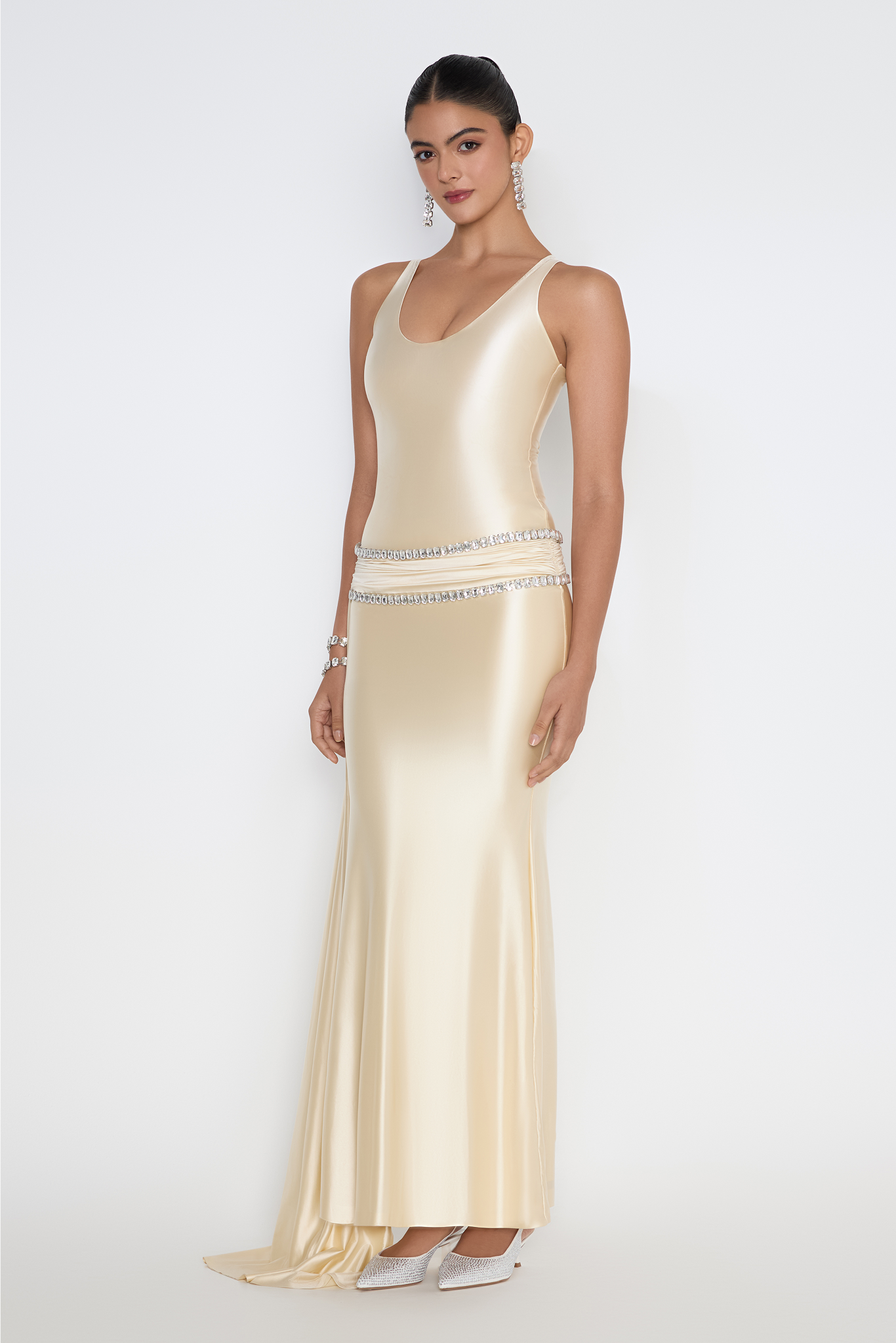 Model in Sydney gown with crystal waist and drape