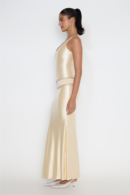Model in Sydney gown with crystal waist and drape
