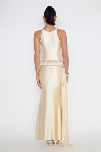 Model in Sydney gown with crystal waist and drape