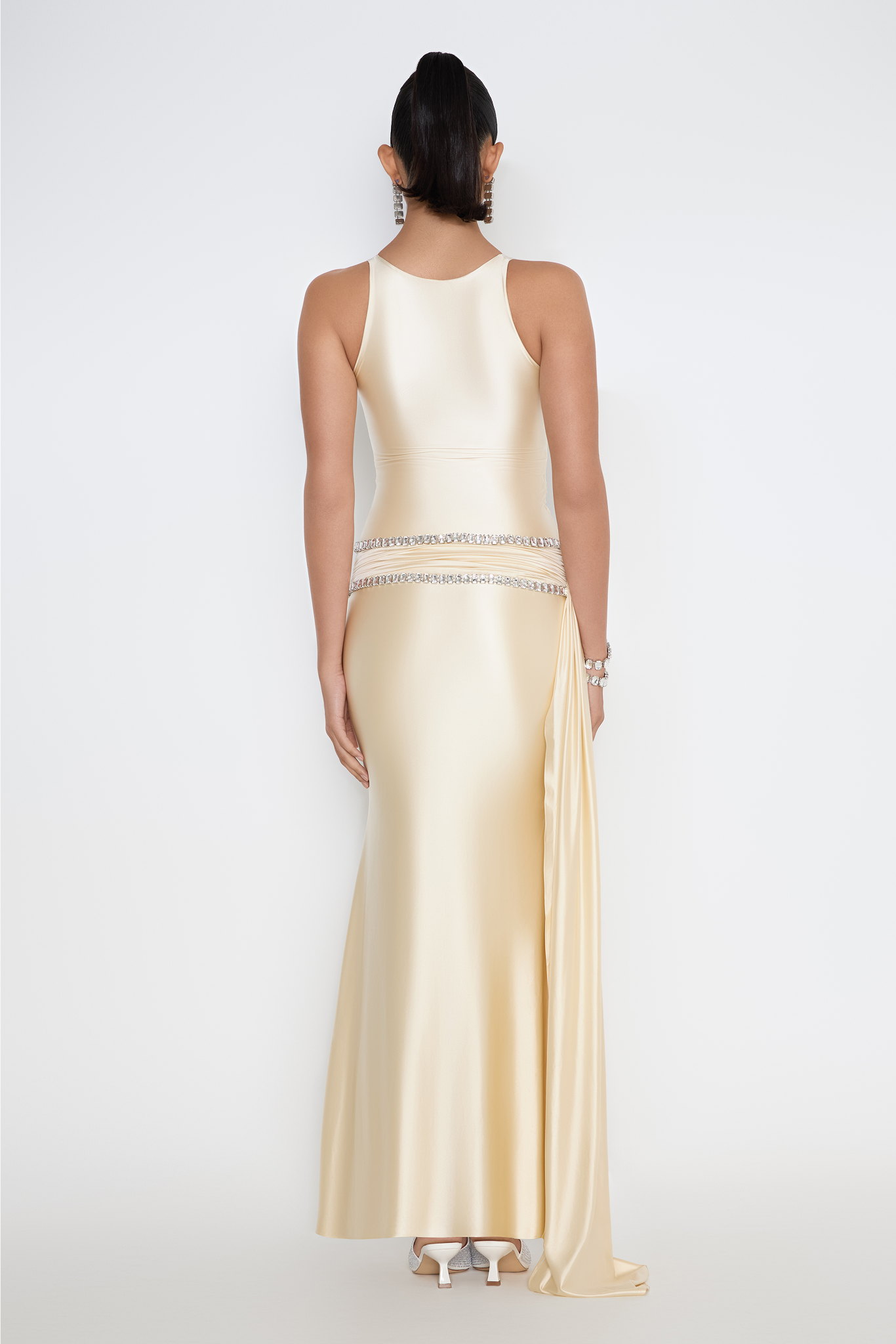 Model in Sydney gown with crystal waist and drape