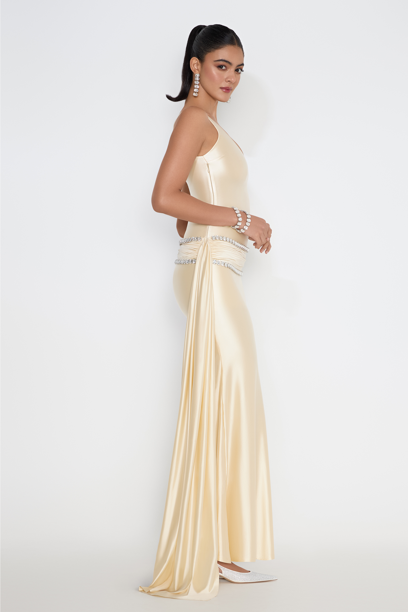 Model in Sydney gown with crystal waist and drape