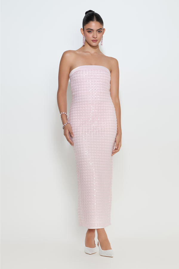 Isabelle strapless midi dress with crystal mesh overlay