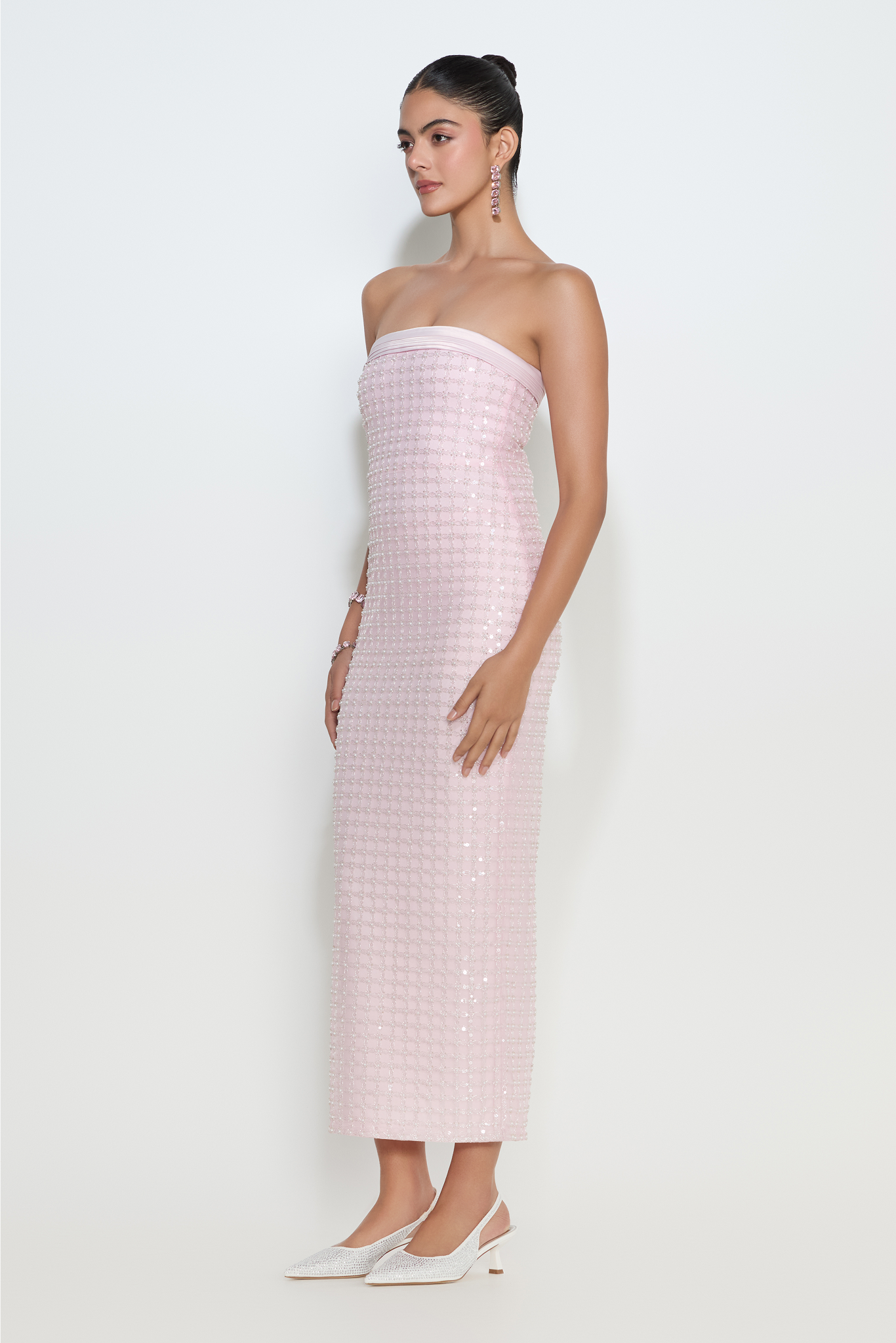 Isabelle strapless midi dress with crystal mesh overlay