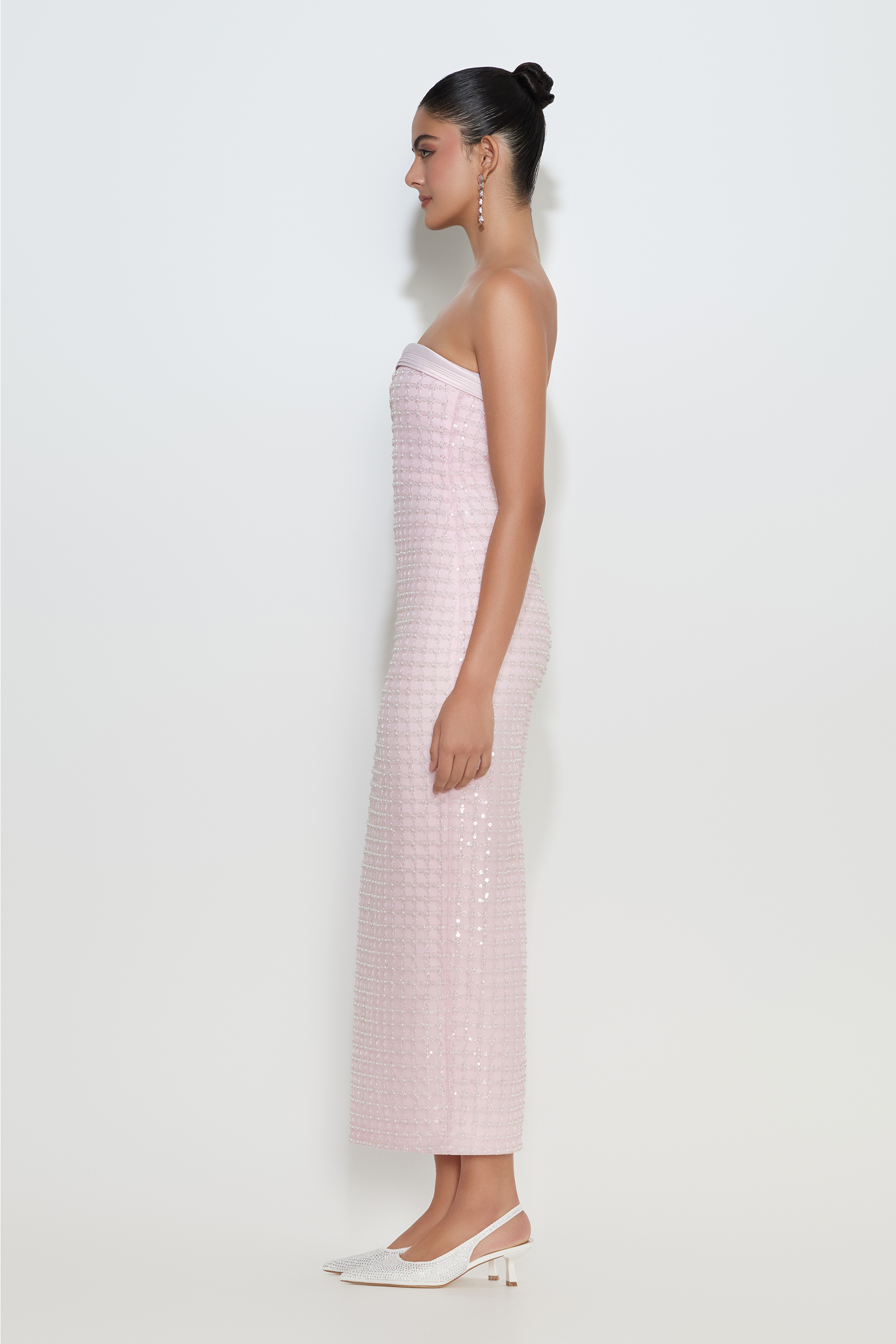 Isabelle strapless midi dress with crystal mesh overlay