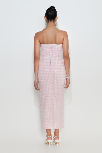 Isabelle strapless midi dress with crystal mesh overlay