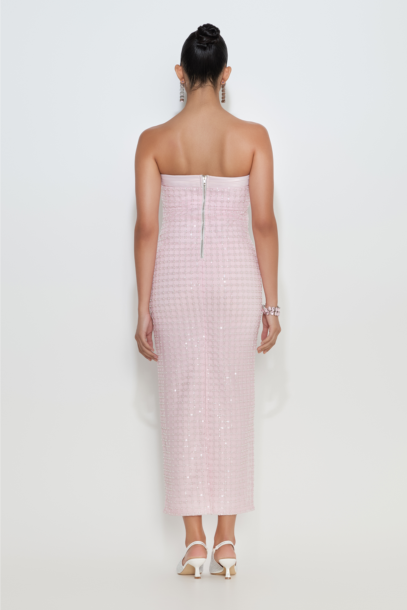 Isabelle strapless midi dress with crystal mesh overlay