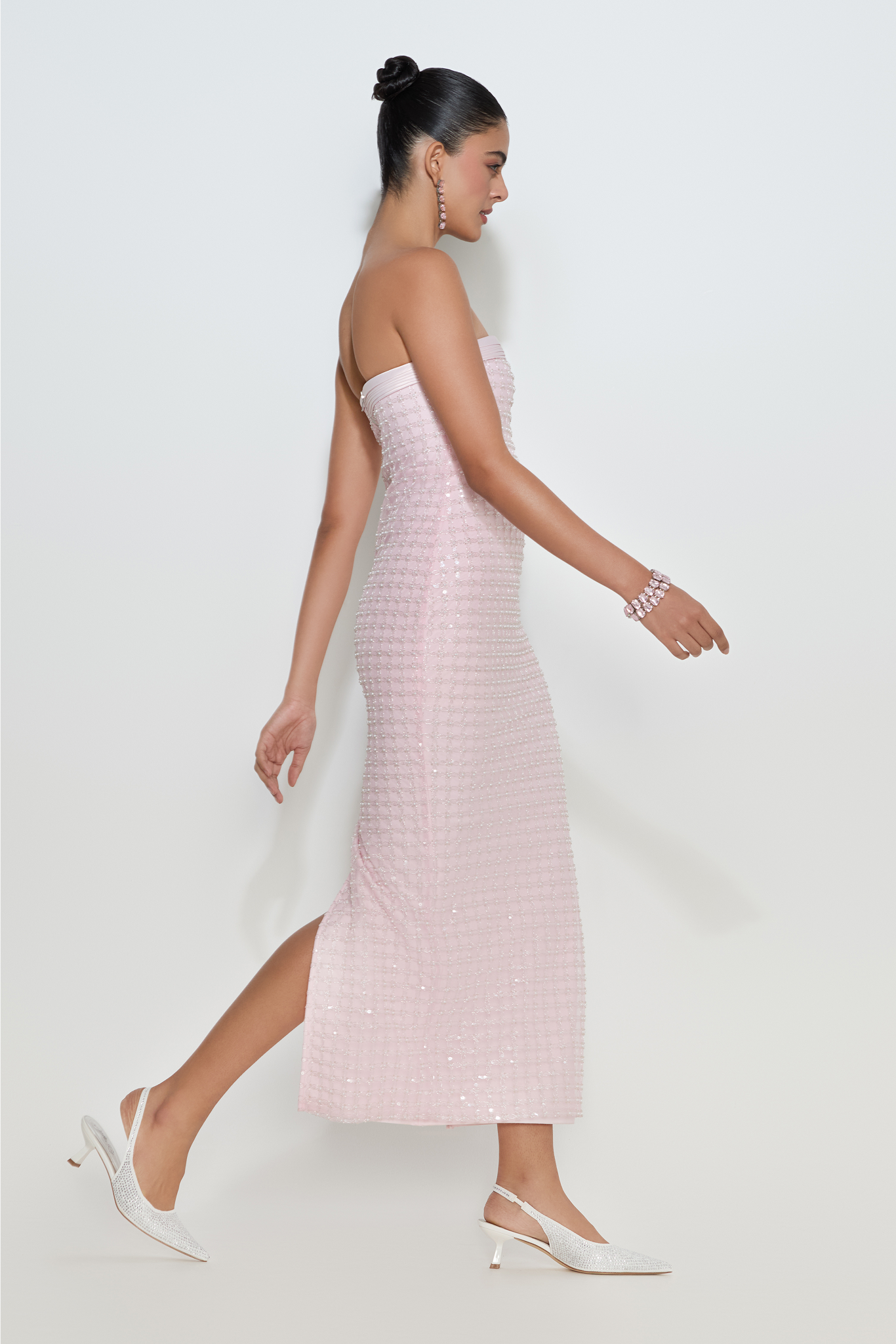 Isabelle strapless midi dress with crystal mesh overlay