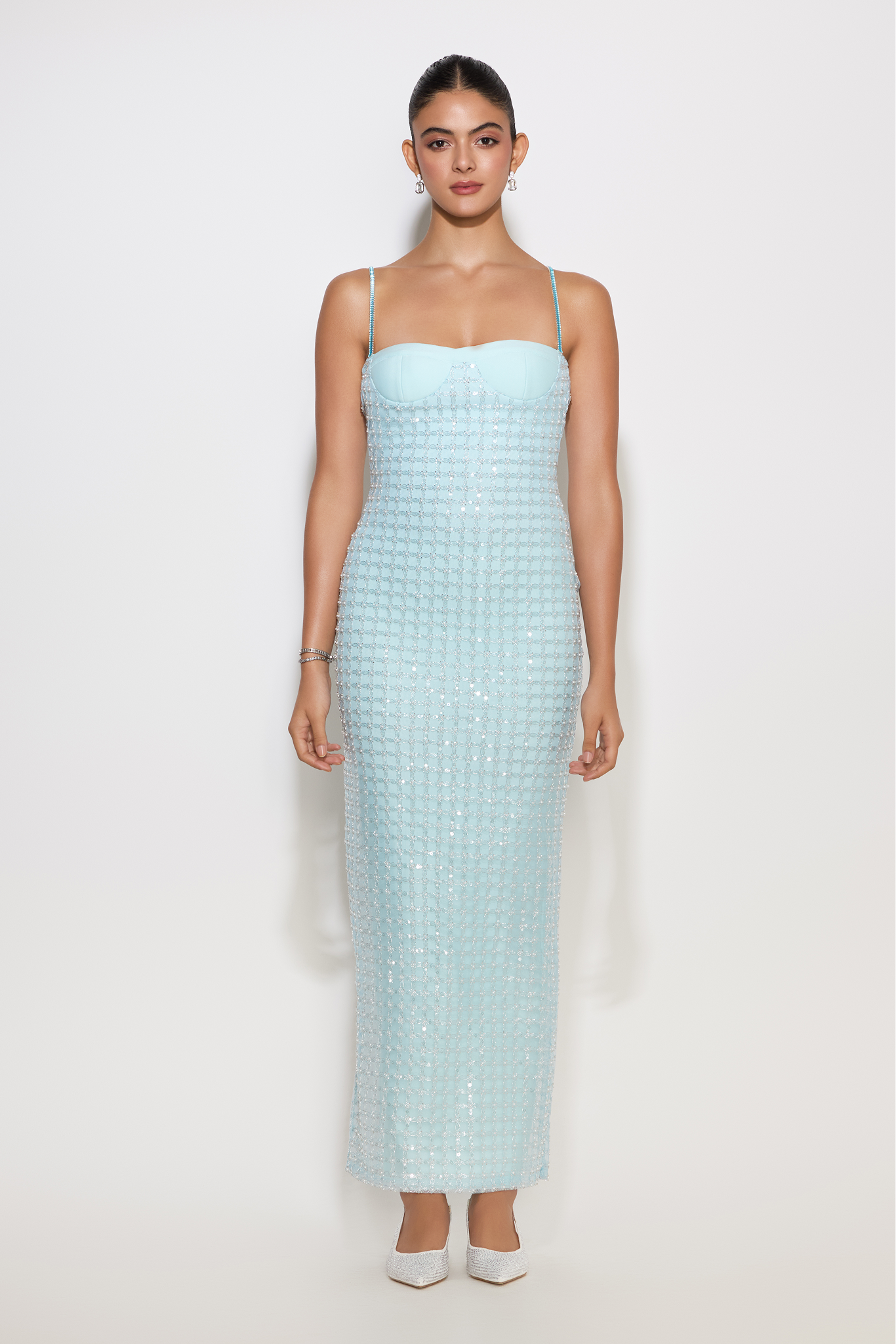 Amelia dress with mesh overlay and crystal chain straps