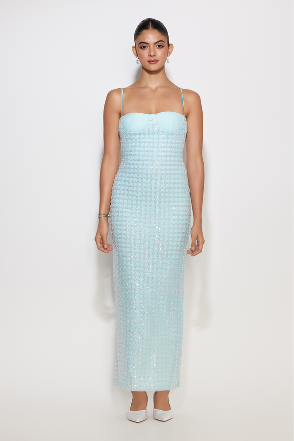 Amelia dress with mesh overlay and crystal chain straps