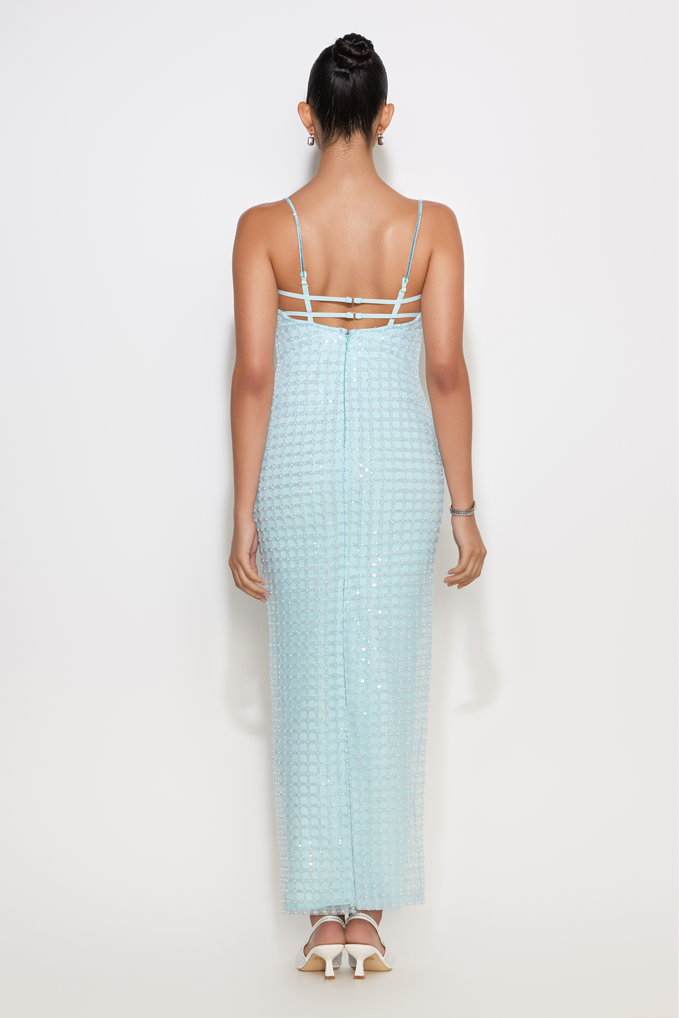 Amelia dress with mesh overlay and crystal chain straps