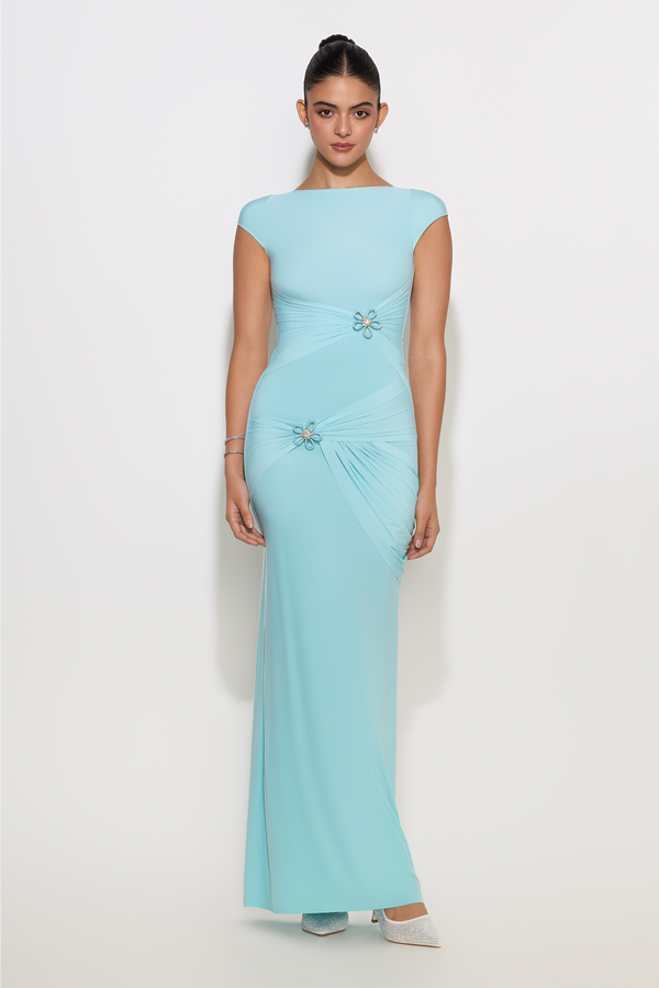 Model in Clara gown with crystal flower detail