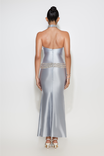 Frida silver-blue halter gown with crystal belt effect
