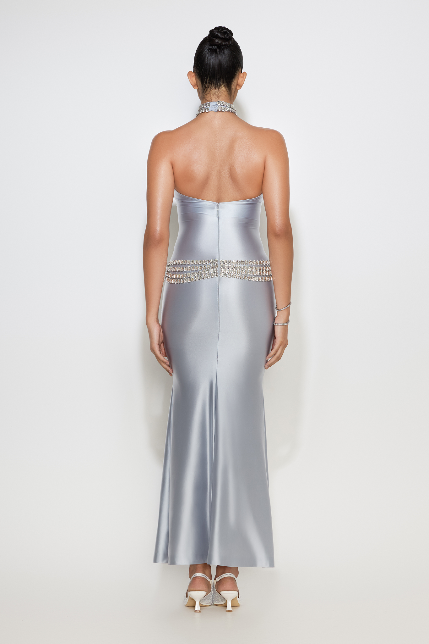 Frida silver-blue halter gown with crystal belt effect