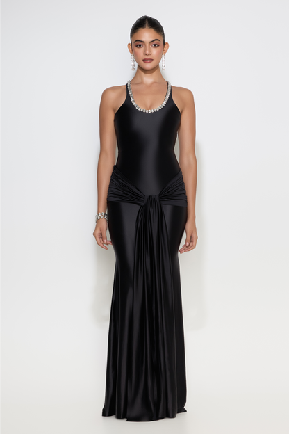 Hailey gown with tank neckline and knotted drape; Crystal-embellished neckline on Hailey