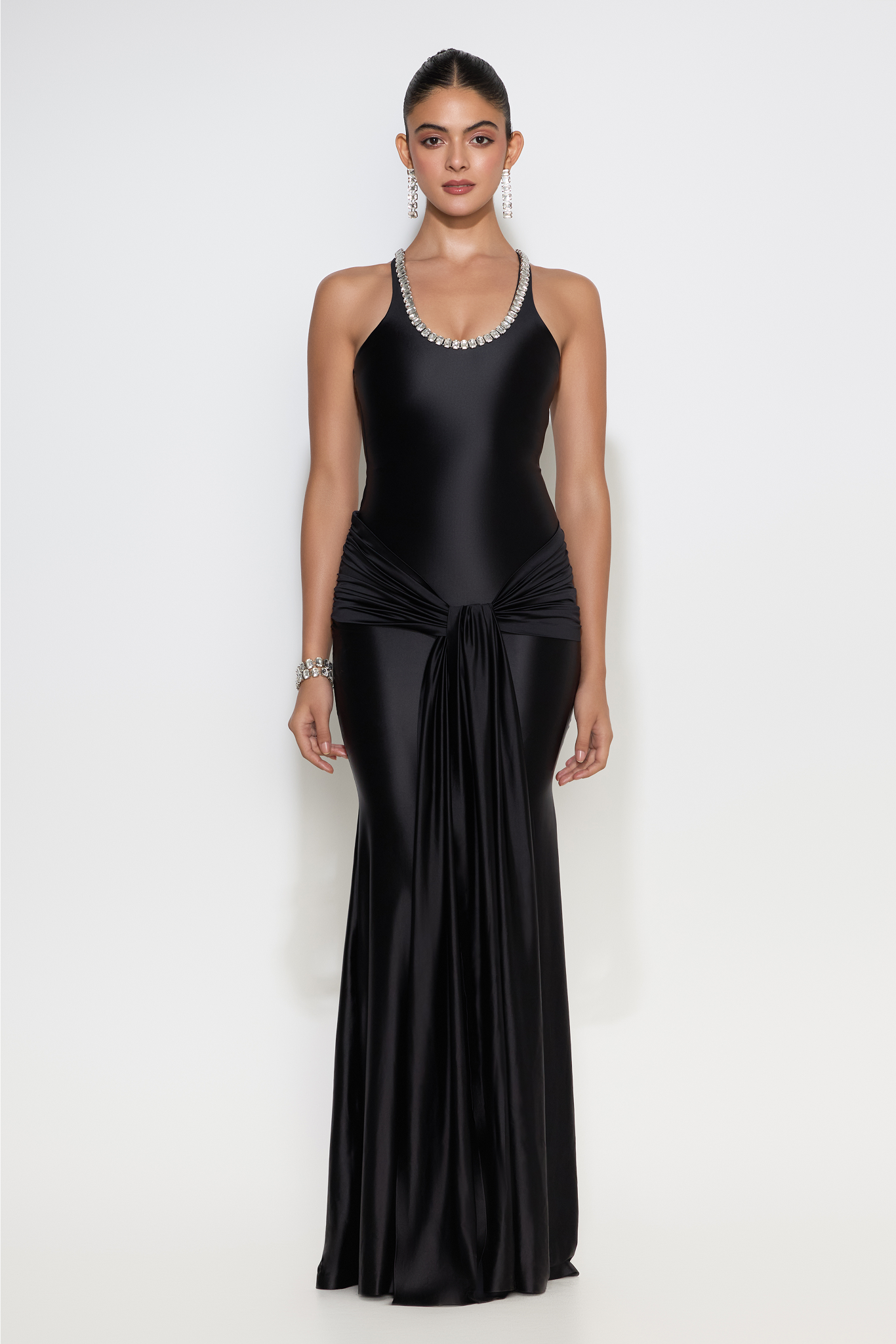 Hailey gown with tank neckline and knotted drape; Crystal-embellished neckline on Hailey