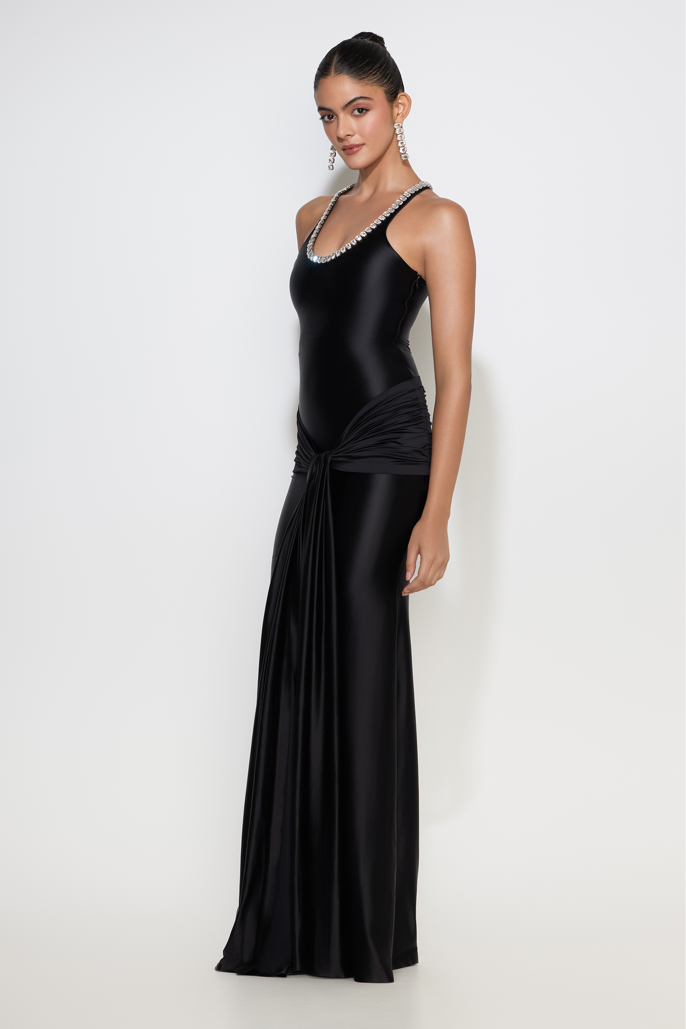 Hailey gown with tank neckline and knotted drape; Crystal-embellished neckline on Hailey