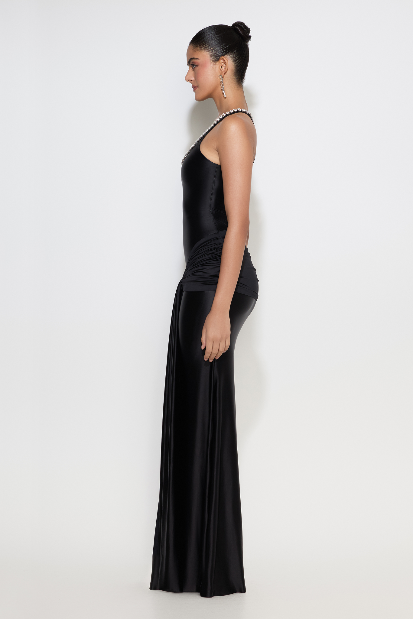 Hailey gown with tank neckline and knotted drape; Crystal-embellished neckline on Hailey