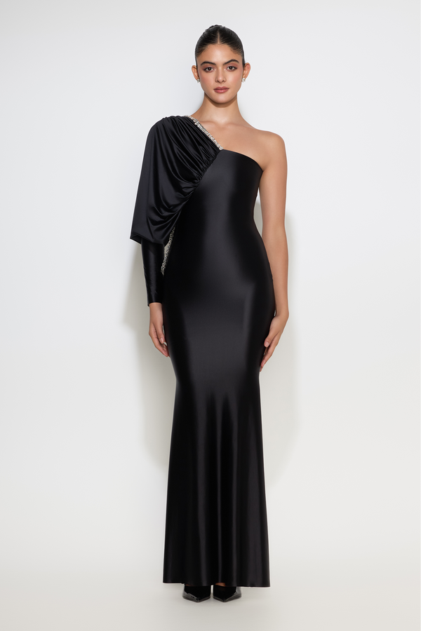 Irina gown with crystal shoulder-to-back chain