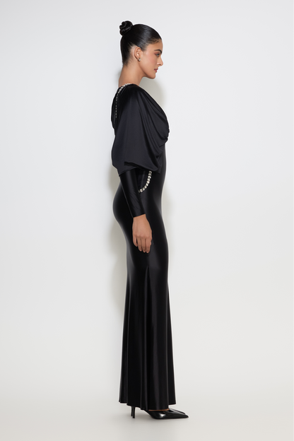 Irina gown with crystal shoulder-to-back chain