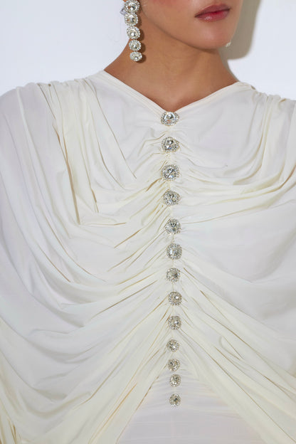 Crystal button detail on Alexa dress
