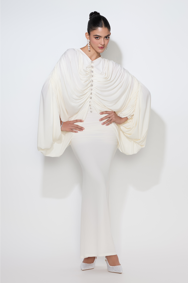 Alexa gown with front shoulder-to-hip drape