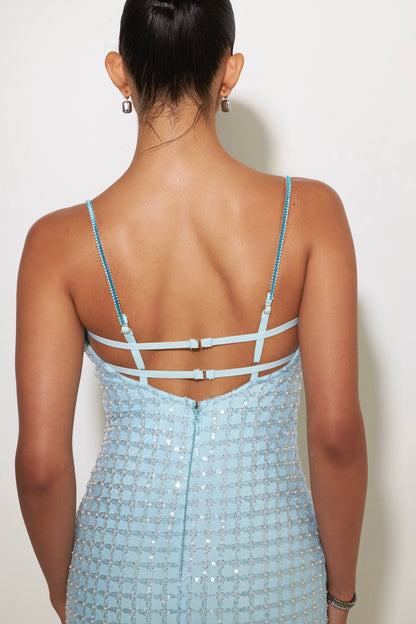 Amelia dress with mesh overlay and crystal chain straps
