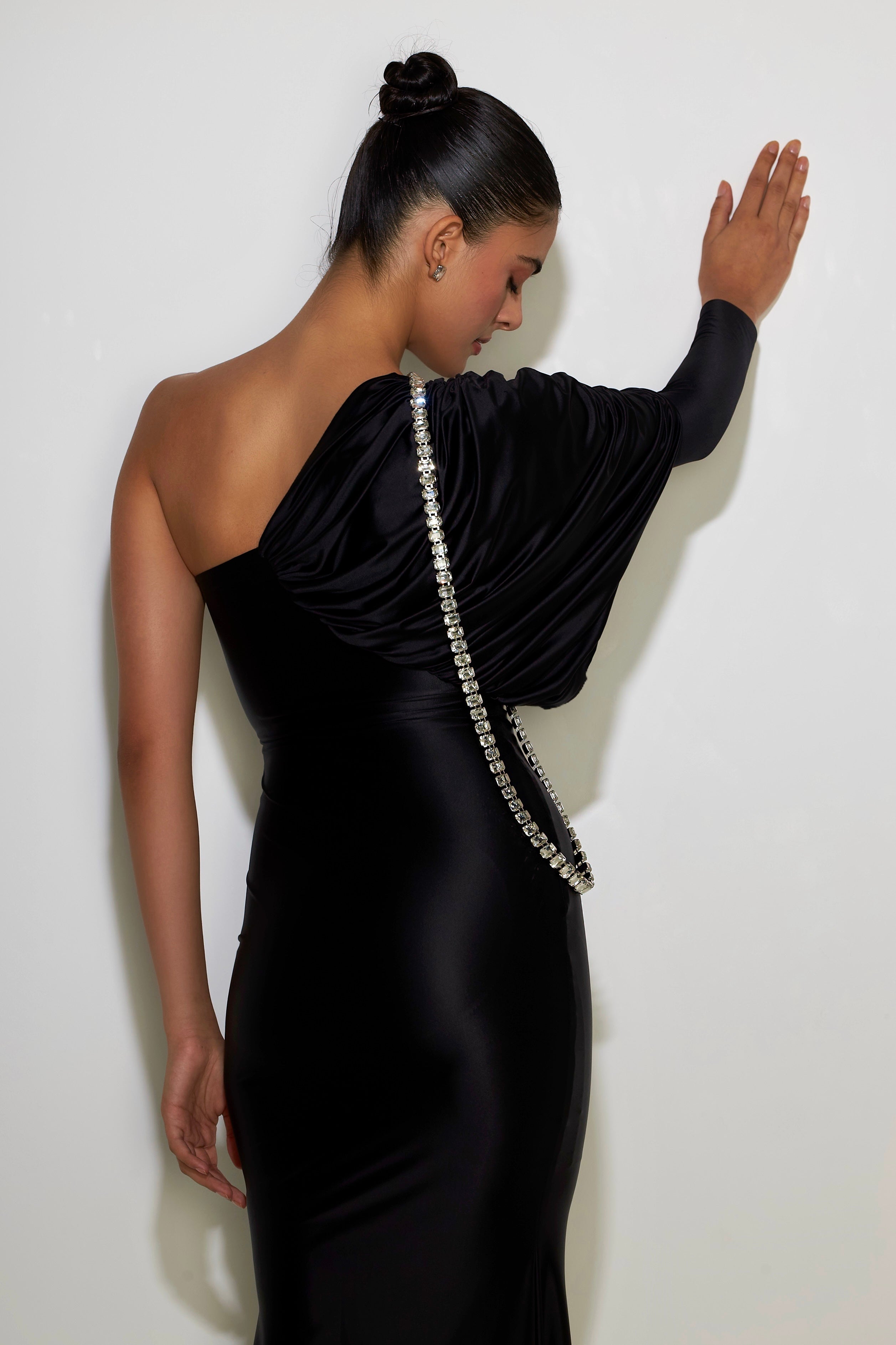 Draped sleeve detail on Irina gown